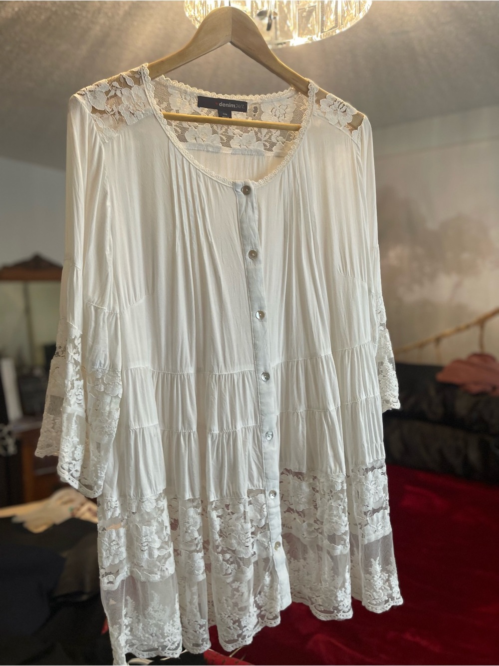Denim 24/7 Cream Lace-Trim Button-Front Tunic